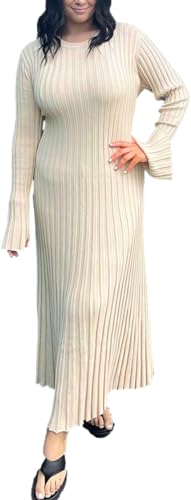 Image of Women's Long Sleeve Sweater Dress Ankle Length Fall Dress Vneck Knit Winter Dress