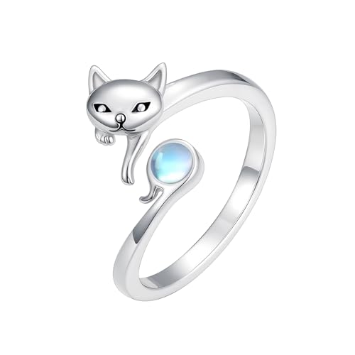 Qyvit Cat Ring 925 Sterling Silver Adjustable Moonstone Cat Open