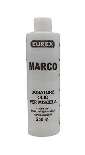 Eurex srl Dosatore Olio per Miscela 250 ml Personalizzato con Il Tuo Nome: Marco. Completo di Tappo, Scala Graduata e percentuali 2-4% 2,5-5% 3-6% (1)