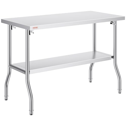 VEVOR Stainless Steel Foldable Work Table, 48 * 24 Inch Heavy Duty Food Outdoor Double Layer Stainless Steel Worktable for Commercial Kitchen Restaurant