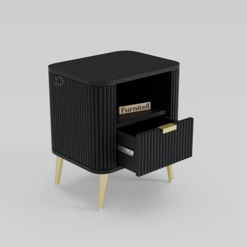 Image of Premium HDMR Wood Bedside Table with 1 Drawer & Open Storage Shelf, Fluted Nightstand with Golden Legs for Bedroom, Modern End Table, for Living Room, Black Finish (18 x 14 x 18 Inch)