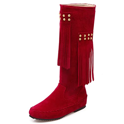 Womens Knee High Fringe Moccasin Wedge Boots