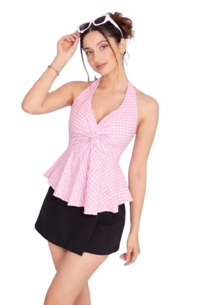Women’s Halter Neck Sleeveless Cotton Top | Pink & White Gingham Check Twist Front Summer Top-picture-13