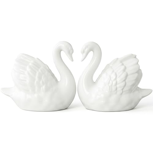 ZKSYLSM White Ceramic Swan Figurines - Elegant Knick Knacks for Shelves Home Decor & Cake Topper Set (3.9 x 3.3)