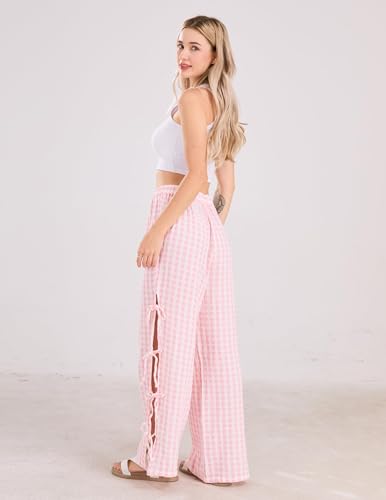 Image of codcm Womens Gingham Striped Wide Leg Pants Y2k Lounge Pants Lace Up Loose Trousers