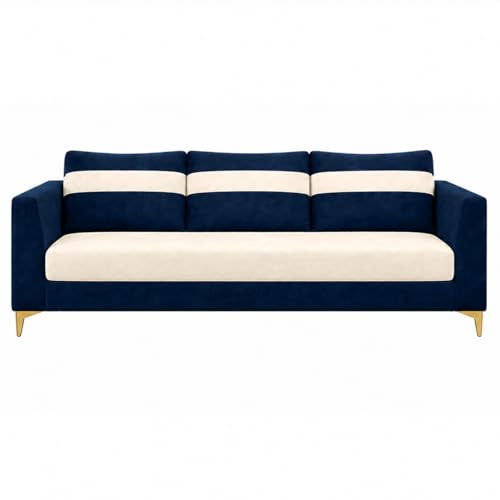 Image of FURNY Nova 5 Seater L Shape Sofa Set with 2 Movable Ottoman | Flexible Left or Right Layout | Plush Velvet Fabric (Dark Blue-Cream) | Perfect for Living Room, Guest Room & Office