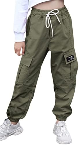 SANGTREE Girl Pants, Jogger Multi-Pocket Elastic Waist Pull On Cargo Pants with Drawstrings, Army Green, 11-12Years = Tag 160