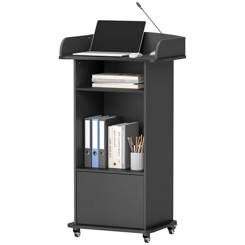 Suuiwau Portable Podium Stand with 4 Metal Wheels Mobile Lectern Stand with Storage for Church Classroom Restaurant Reception Office Presentation Wooden Pulpit Desk for Hostess Teacher (Black)