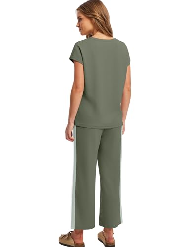 Image of Saloogoe Two Piece Sets for Women Summer Outfits Lounge Sets V Neck Tops Wide Leg Pants Woman Vacation Travel Outfits
