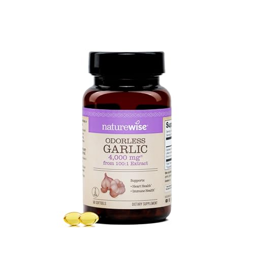 NatureWise Odorless Garlic Supplement 4000mg - Ultra Potent 100:1 Extract - Healthy Cholesterol Formula, Heart Health Support - Non-GMO, Gluten Free, with Halal Gelatin - 60 Count[30-Day Supply]