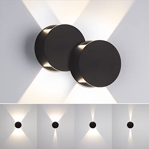 Tubicen LED Wall Sconces Set of 2 Dimmable Home Theater Sconces Beam-Adjustable Up and Down Wall Lights Indoor 6W Black Round Small Wall Sconces for Living Room Bedroom Hallway Stairs Hardwired