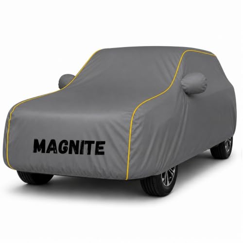 Image of Premium Waterproof Car Cover for Magnite | Soft Cotton Lining Heavy Duty Triple Stitched Heat Resistant Outdoor Cover Comes with Mirror and Antenna Pocket Full Bottom Elastic (Zig Zag Grey)