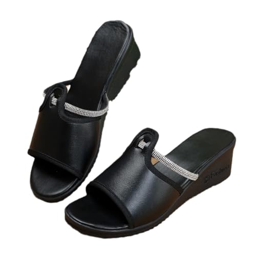 Summer Wedge Heel Slippers Peep Toe Platform Outdoor Sandals Shiny Rhinestone Non-Slip Fish Mouth Shoes Beach Sandals