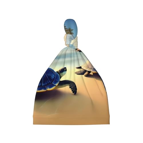 Newborn Baby Hat, Turtles on The Beach Print Soft Top Knot Beanie Cap, Cute Baby Headwear for 0-6 Months Black