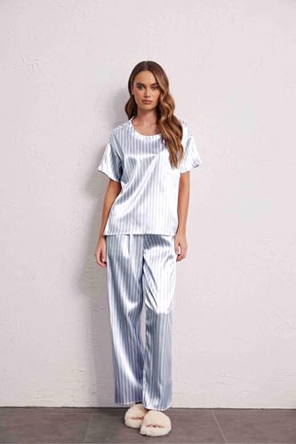 Image of Ekouaer Womens Satin Silky Pajama Set Short Sleeve Shirt with Long Pajama Pant Set Soft PJ Loungewear