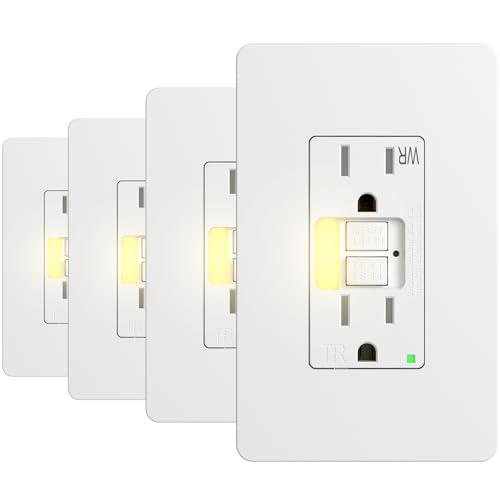 Amico 4 Pack 15A Tamper-Resistant GFCI Outlets with Built-in Nightlight, Slim Profile WR Weatherproof Receptacles, Self-Test with LED Indicator, Includes Wall Plates, ETL Listed, White