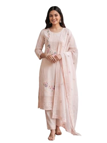Image of INDO ERA Women's Floral Embroidered Straight Pure Cotton Kurta Pant with Dupatta Set