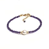 Gempires Amethyst Beaded Bracelet with Pearl Choker Crystal Jewelry Lightweight February Birthstone Gifts Hypoallergenic 7.5 Inch Gold Plated Trendy Fashion Everyday Wear Jewelry