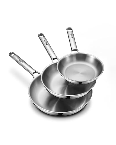 Image of Stainless Steel Frying Pan Set,8 inch&10 inch&12 inch Tri-Ply Stainless Steel Pans,Skillet,Frying Pan Stainless Steel,PFOA&PTFE Free,Dishwasher&Oven Safe,Induction Compatible Steel Pans for Cooking