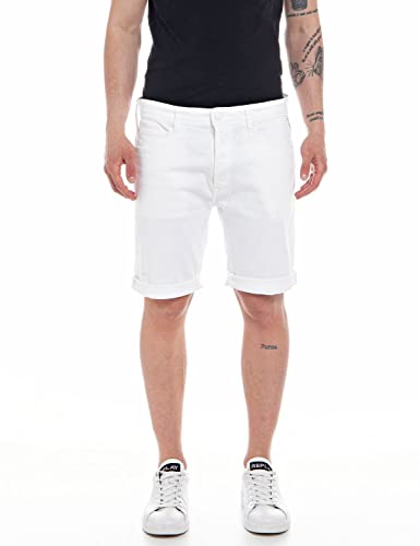 REPLAY Rbj.901 Short Pantalones Cortos de Jean, Blanco (001 White), 27 W para Hombre
