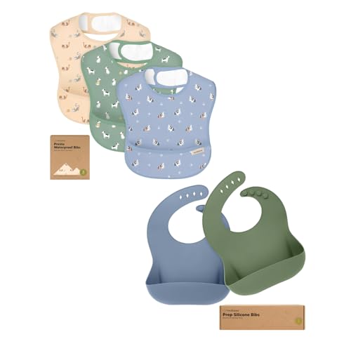 KeaBabies 3-Pack Waterproof Baby Bibs for Eating and 2-Pack Baby Silicone Bibs - Lightweight with Food Catcher - Waterproof, Easy Wipe BLW Toddler Feeding Essentials