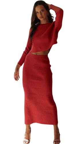 Image of CHARTOU Women Two Piece Sweater Skirt Set Outfits Knit Sweater Top Pullover Knitted Slit Bodycon Pencil Skirt