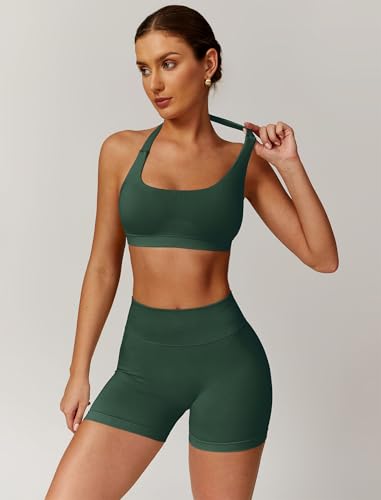 Image of ABOCIW Workout Sets for Women 2 Piece seamless Halter Sports Bra Scrunch Butt Impact Shorts Gym Yoga Outfits