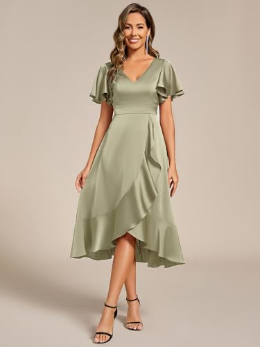 Image of Ever-Pretty Women's V Neck Satin Short Sleeve A Line Hi-Lo Midi Asymmetry Hem Bridesmaid Dress 02318