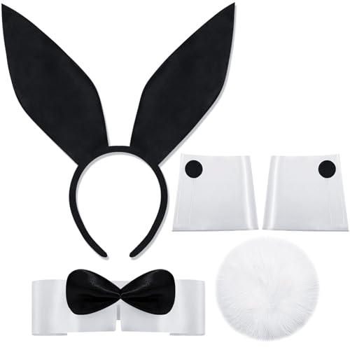 QIZHIQIAMY Bunny Costume Set, HasenohrenKostüm, Bunny Kostüm Frauen, Hasenkostüm Halloween mit Hasenohren Haarreif, Fliege, Manschetten,...