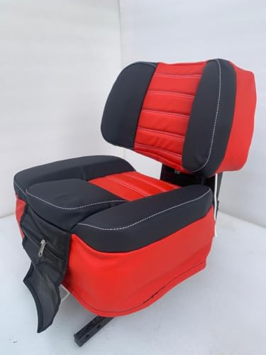 Image of Universal Tractor Seat Cover with Storage, Red and Black, PU Leather, Quilted Design, Compatible with Massey Ferguson John Deere Swaraj