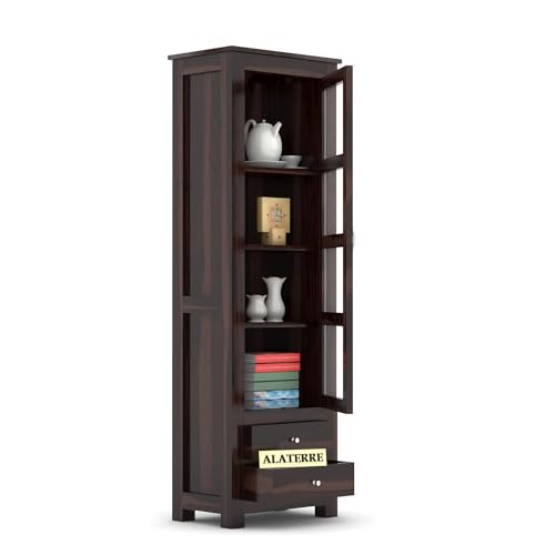 Image of Wood Book Shelf with Glass Door, Wooden Book Rack for Home Library, Kitchen Crockery Cabinet, Wooden Almirah, Bookcases, Book Shelf Storage 2 Drawers, Home Furniture, Walnut Finish