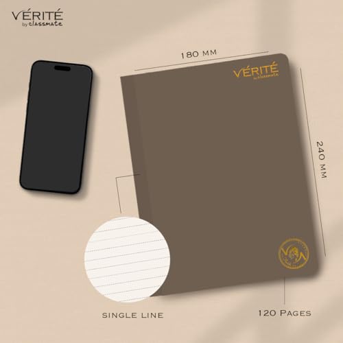 Image of Lay Flat Binding Notebook - Verite by Classmate Ideal for School Students, Taupe Brown Color, Size (cm) 24 X 18, Single Line, Thick Premium 120 Pages with Low Ink Bleed for Smooth Writing Experience