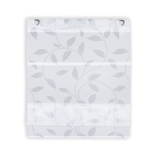 Magnetrollo Bambusoptik Blätter Ausbrenner inkl. Haken | weiß | Raffrollo mit Magnetraffung | Gardine ohne Bohren Montage direkt am Fenster | (60x130cm)