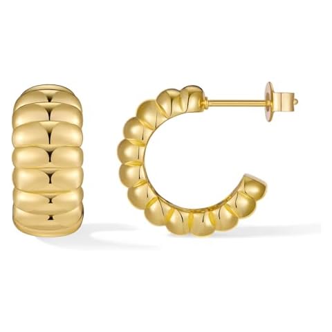 NOKMIT 14K Gold Chunky Hoop Earrings for Women Lightweight Thick Cute Open Ribbed Croissant Huggie Hoop Earrings Trendy High Polished Statement Jewelry Gifts (Charlotte) Cover