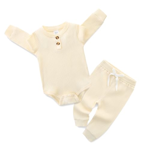 Image of JingleBaBa Newborn Boy Clothes Pants Solid Cotton Infant Outfits 2Pcs Ribbed Knitted Romper, (3-6)months, Beige