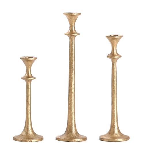 Wenbery Gold Taper Candle Holders Set of 3, Heavy Candlestick Holders Decorative Candle Stand for Table Centerpiece, Cast Iron Candle Stick Holder Decor