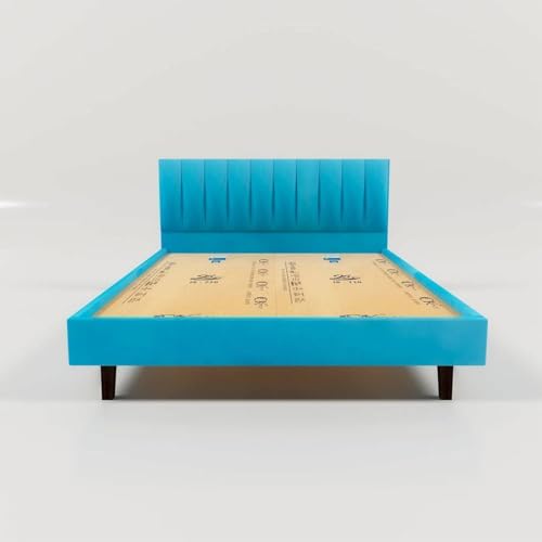 Image of Wooden Modern Upholstered Queen Size Bed for Bedroom | Wooden Double Bed Without Storage | Platform Cot Upholstered Bed with Upholstery Fabric | Engineered Wood | 6.5 x 5 Ft | Velvet Blue