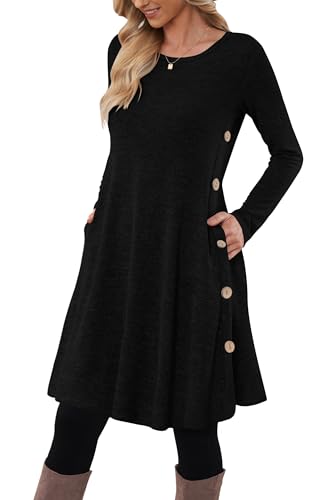 MOLERANI Pulloverkleid für Damen Langarmkleid Damen Knopf Lässiges Tunikakleid mit Taschen Schwarz XXL