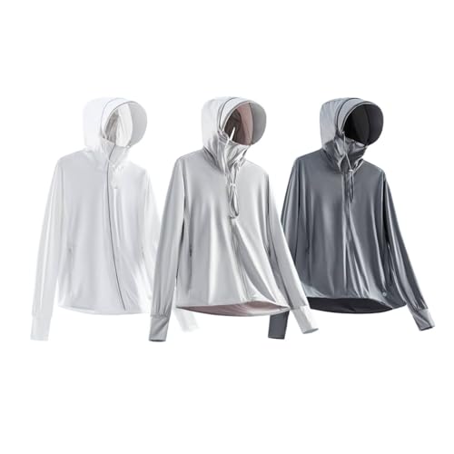 CIATLLLAIT Men's UPF 50 Sun Protection Hooded Lightweight Jacket, Long Sleeve Shirt for Running, Hiking, Cycling and Fishing Summer (US, Alpha, X-Large, Regular, Regular, White+Light Gray+Dark Gray)