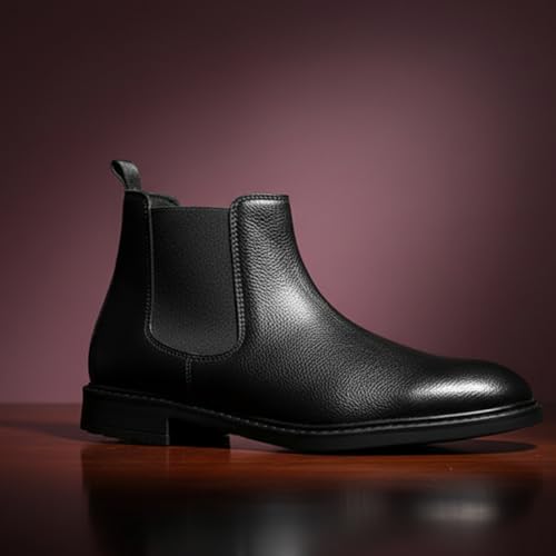 Image of CRACHERS Men's Classic Black Leather Chelsea Boots | Formal & Casual Slip-On Ankle Boots with Elastic Side Panel and Pull Tab | Durable & Stylish Lightweight Boots for Men