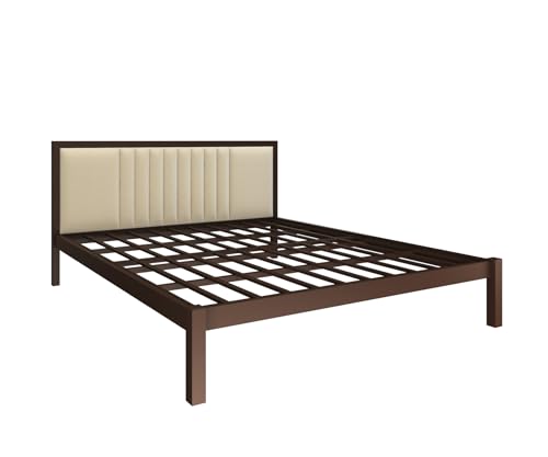 Image of Homdec Venus Wall-Supported Upholstered Headboard Metal Bed (Brown, Queen (U.K. Standard))