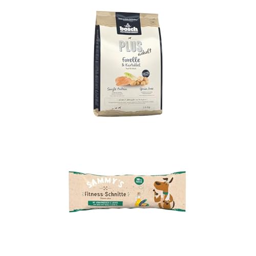 bosch HPC PLUS Forelle & Kartoffel | Hundetrockenfutter für ausgewachsene Hunde aller Rassen|Grain-Free | 1 x 2.5 kg + Sammy´s Fitness-Schnitte mit Grünlippmuscheln & Lachsöl | Riegel to-go |20 x 25 g