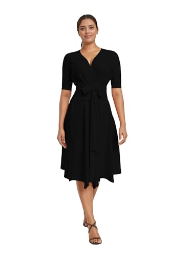 Image of Comfortable Dresses for Women Stretchy Flattering Fit Wrap Dress V Neck Short Sleeve Tie Waist Daily Wear Work Vacation