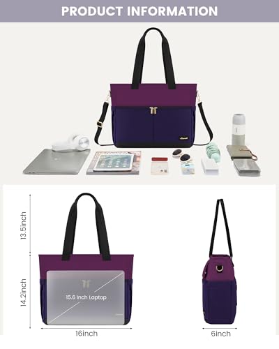 Image of LOVEVOOK Laptop Bag for Women 15.6 Inch Canvas Laptop Large Capacity Work Bags Mutiple Pockets Teacher Bag Water Resistant Computer Bags for Business Travel Nurse, Dark Purple-Black