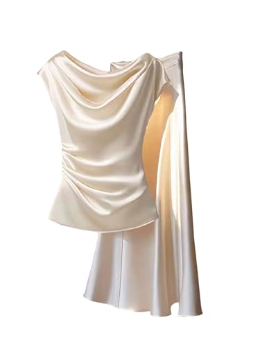 OYOANGLE Women's Two Piece Skirt Set Cowl Neck Ruched Blouse and Elastic Waist Ruffle Long Skirts Apricot Large