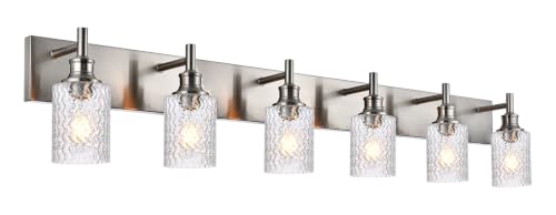 Image of 6 Lights Brushed Nickel Bathroom Light Fixture, Clear Fluted Glass | Modern Bathroom Vanity Lighting Fixtures over Mirror, E26 Socket Metal Wall Sconces, for Bedroom, Living Room, Powder Room