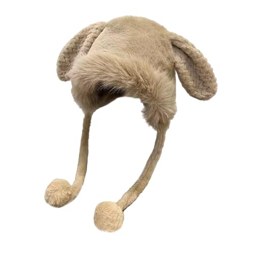 Bunny Ears Winter Hat Plush Windproof for Women Girls Running Hiking Cosplay Khaki 5