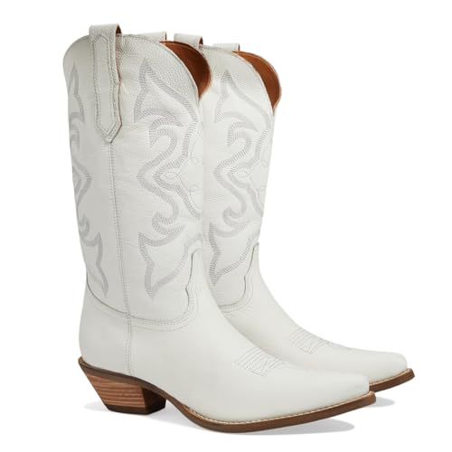 Image of LEHOOR Cowboy Boots Women Embroidered Mid Calf Western Boots Stacked Low Heel Pointed Toe Pull On Cowgirl Boot 4-11 M US