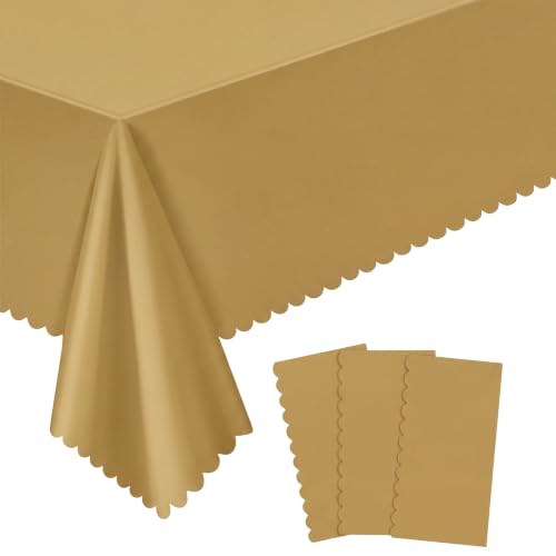 Image of NatNarr 3 Pcs Gold Plastic Tablecloths, Scalloped Rectangle Table Cloths
