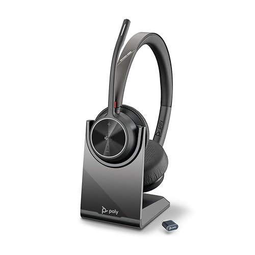 Schnurloses Poly Voyager 4320 UC-Headset und Ladestation – Stereo-Kopfhörer mit Noise Cancelling-Mikrofonarm, Verbindung mit PC/Mac/Mobiltelefon über Bluetooth, Kompatibel:...